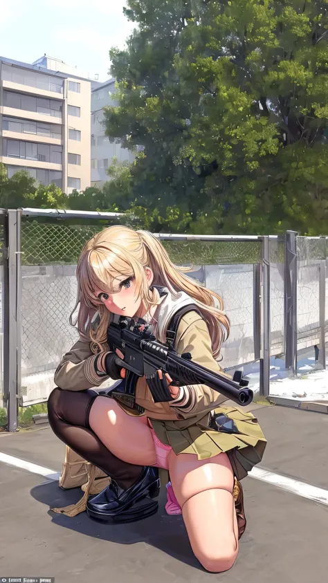 (masterpiece, highest quality), 1 cute girl, gyaru, ideal ratio body proportions, (getting down on one knee, holding rifle, looking into the gun sight, putting one foot on the fence:1.3), mini skirt, (showing off panties:1.4), cameltoe, looking down, stand...