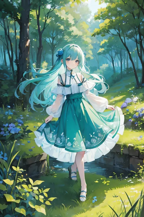 Mysterious and enchanting forest or hillside，Full of life and natural elements，like a towering tree、Lush grassland and floating bubbles。The color palette of the scene should be dominated by soft greens and blues，Create a charming atmosphere。In this scenari...