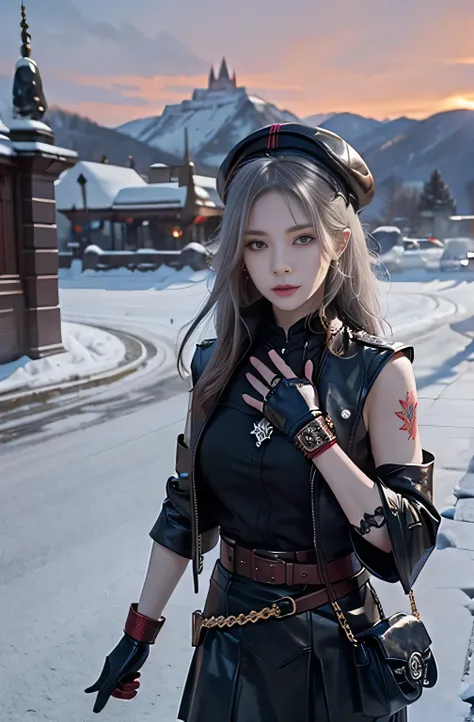 full body Esbian, of the highest quality, Intricately detailed skins, Shiny skin, Shiny hair, pale complexion，Big breasts), 　Red sky,　Continuous snow， Castle terrace, ((Skull Mark)), ambitious, Seductive Woman, Gray hair, Long hair, Hair fluttering in the ...