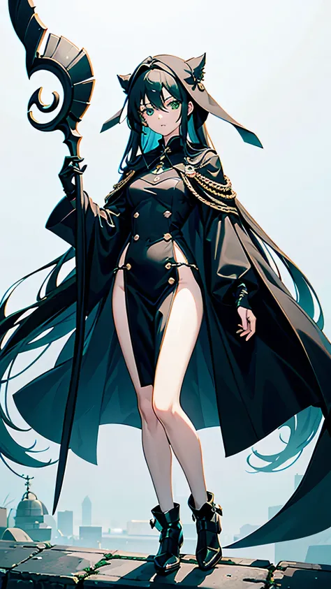 Chihaya, sleepy 15 year old girl with pale white skin, really long smooth silk black hair with really long bangs covering her right eye, sharp glowing green emerald eyes with bags underneath, a muscularly lean and slim body, wearing a black war dress with ...