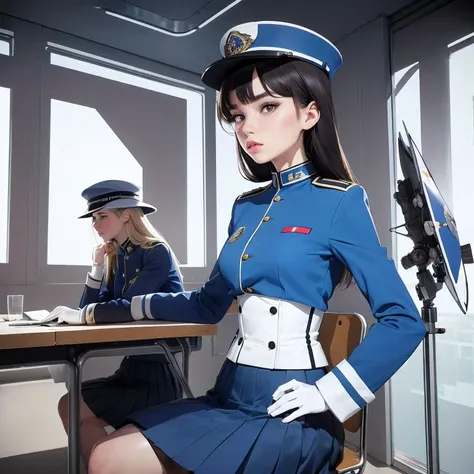 superflat, flat shading, flat colors, (masterpiece:1.2, best quality), (closeup), 2women, teen, slim, (white military outfit), pleated skirt, military hat, space cadet, sitting by desk, in classroom, put head on hand, bored,  classmates in background, (spa...