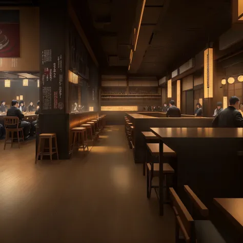 There is a big room，There were a lot of tables and chairs, Tokyo izakaya scene, Digital Rendering, author：Sam Black, Inspired by the, By Reuben Tan, author：Matthias Kohlros, Bar illustration/lounge, CG Rendering, by Ni Yuanlu, author Matteo Pérez, Photo Re...