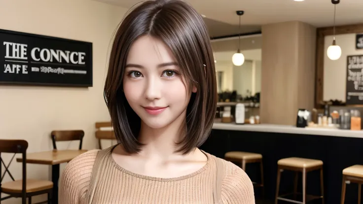 super high quality, Fashion Model, short hair, thin, Photography Sculpture, The staff is working at the counter in the back.., (8k、RAW Photos、highest quality、masterpiece:1.2), Shaggy, (Realistic、Realistic:1.37), Mesh Hair, Normal chest, Golden Ratio, RAW P...