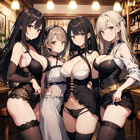 A group of female dancers set in a medieval fantasy setting、 (At the pub), Mr.々Hair style, Harem, night, Detailed aspect, skirt, Seduce, No sleeve、Off the shoulder、showing off panties、Huge Breasts、Big Ass、wide waist width、skirtをたくし上げている