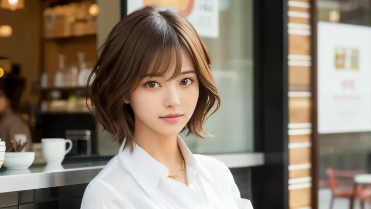 super high quality, Fashion Model, short hair, thin, The staff is working at the counter in the back.., (8k、RAW Photos、highest quality、masterpiece:1.2), Japanese Idols, Serious expression, Shaggy, Brown Hair, Stylish cafe, Fashion magazine shooting, (Reali...