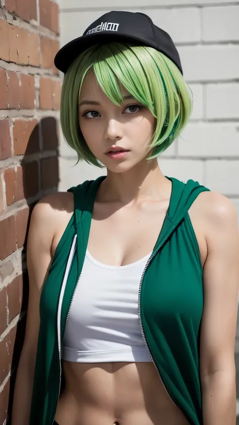 (head shot:1.5),highest quality, Little Woman, nice,whole body, , {{{Beautiful face in every detail}}}, Beautiful empathy (black) eye, Dead Rolling eye, (green) short hair, {Shaggy Cut}, bright (green) Highlighted Hair, Pink striped hair, Bare arms, Standi...