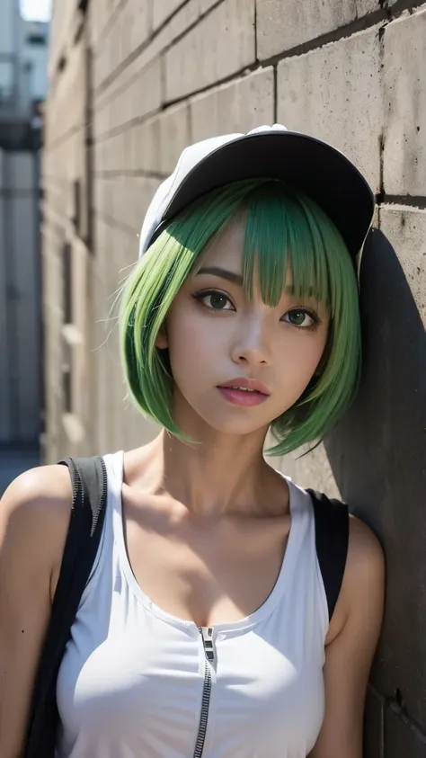 (head shot:1.5),highest quality, Little Woman, nice,whole body, , {{{Beautiful face in every detail}}}, Beautiful empathy (black) eye, Dead Rolling eye, (green) short hair, {Shaggy Cut}, bright (green) Highlighted Hair, Pink striped hair, Bare arms, Standi...