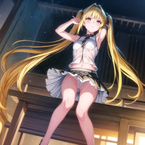 realistically, golden eyes, twintail, glowing eyes, golden hair, white short skirt, extra short skirt, Blush, daytime, Wet, see through, sleeveless shirt, armpit, nipples, pussy, embarrass, Sit with your knees raised, windy, yami, the skirt is turned up, h...