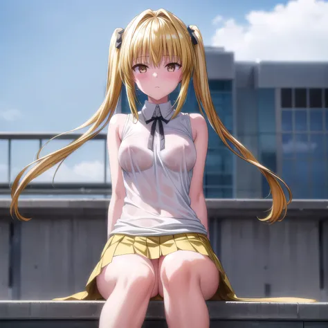 realistically, golden eyes, twintail, glowing eyes, golden hair, white short skirt, extra short skirt, Blush, daytime, Wet, see through, sleeveless shirt, armpit, nipples, pussy, embarrass, Sit with your knees raised, windy, yami, the skirt is turned up, h...