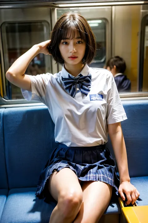 (8K、Raw photo、highest quality、masterpiece:1.2)、(realistic、Photoreal)、1 girl,(High school girl pulls up her skirt on the train and shows off your panties:1.6)、(cute face:1.3)、Japanese 1 girl,(Japan High School Girl)、(1 real high school girl)、(Japan High Sch...