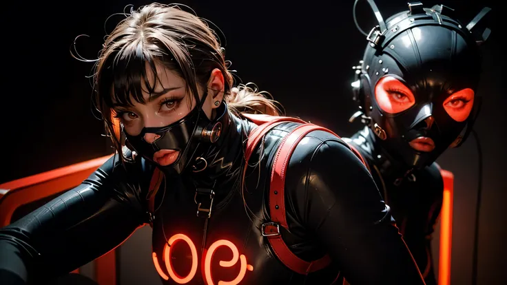 a very beautiful and very thin girl, wears black underwear with tights and latex face mask. Dark room with only red neon lighting. Viele Details, extremely realistic. good quality, 8k