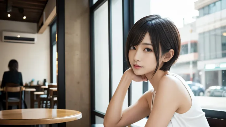 Skinny Japanese woman, short hair, Sitting at a table in a stylish cafe. Inside the cafe, the walls are painted a soft white.. Realistic, Realistic, high quality, RAW Photos, Detailed Background, Very detailed, Sharp focus, High resolution, 8k, 超High resol...