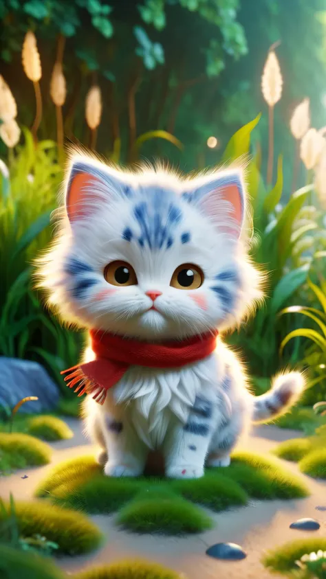 ral-fluff,chibi,masterpiece,best quality,original,official art,1cat,red scarf,grass,blurred background,cartoon rendering,beautiful detailed glow,(detailed ice),beautiful detailed water,and I want the Disney Pixar style in a white background painted by wate...