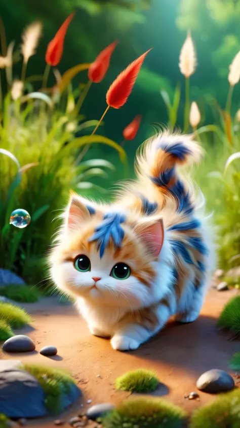 ral-fluff,chibi,masterpiece,best quality,original,official art,1cat,red scarf,grass,blurred background,cartoon rendering,beautif...