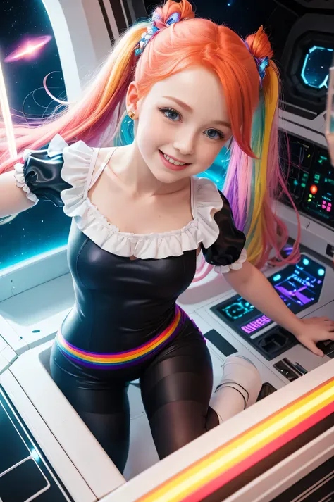 (overhead view) Cute redhead with rainbow colored hair tips, ribbons in her hair, 18-year-old woman, happy, smiling, in twin tails, perfect eyes, clear sparkling blue eyes, pale skin, silky smooth white skin, alabaster skin, flying a fancy metal luxurious ...