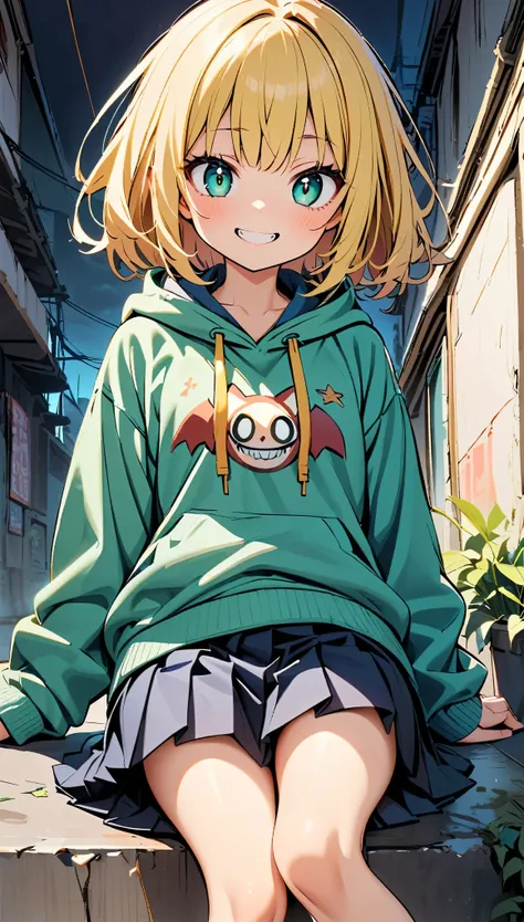 One girl, alone, Big eyes, Wicked Smile,hoodie, Pleated skirt, JK,