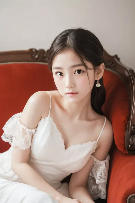 ((highest quality)), ((Photo quality)), (detailed), Perfect Face，White skin，10 years old，sofa，White Dress