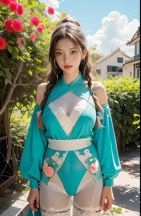 there is a blue sky, white clouds and mountains in the distance、tower and many people，pink flowers，cherry tree，hanfu woman,phoen...