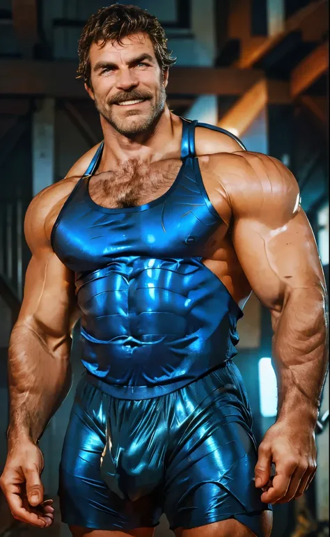 An award-winning original photo，A wild muscular man, (40 years old daddy:1.1), 1boy, Solo, wrestling singlet(spandex), shiny spandex, (big shoulders), musculature, stubbles, Short beard, Beautiful eyes:1.3, ), (Detailed face:1.3), wearing glasses, smiles, ...