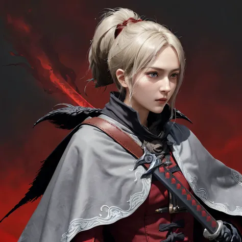 drawn in the artstyle of  1girl, medium_breasts, lady_maria_of_the_astra, rakuyo_(bloodborne), red dark smoke firebackground, realistic face, realistic skin, perfect face, perfect lighting, detailed skin, detail face, white_hair,  blonde hair, upper body,m...