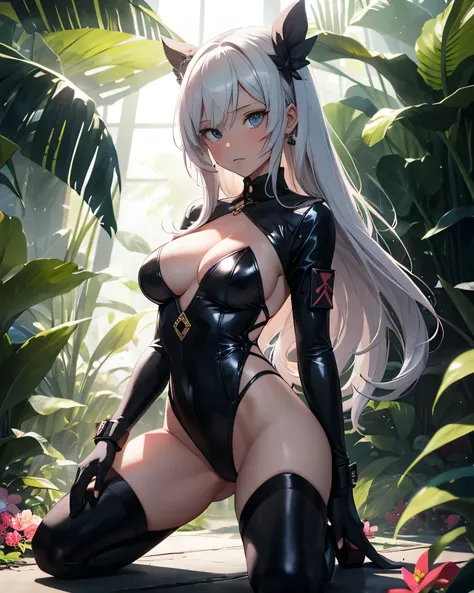 animated girl in sexy colored clothes kneeling on a floor, the girl have many flowers grow up on her, frontline girls, the girl is in a beauttiful savage garden in a jungle with many beautifuls differents savages bigs flowers, , seductive animated girl, be...