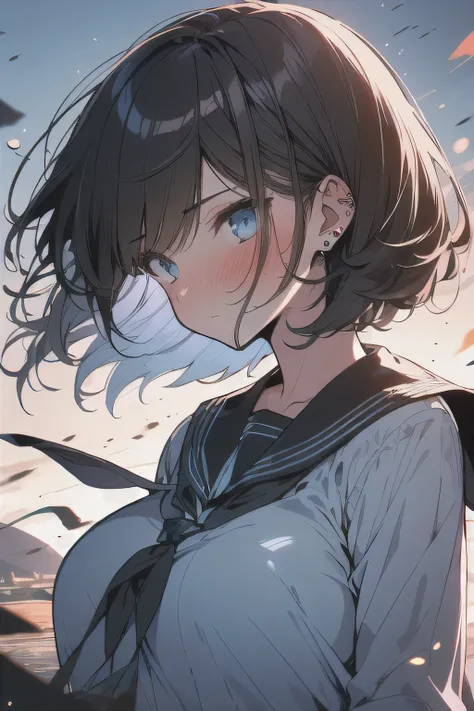 (best quality), (Super detailed), (Best Illustration), (masterpiece), (woman), high contrast, {(white serafuku:1.2)}, (large breasts), {brown hair, (sideburns), (bob cut:1.3), curly hair, hairs between eyes, colored inner hair}, {(detailed eyes), blue eyes...