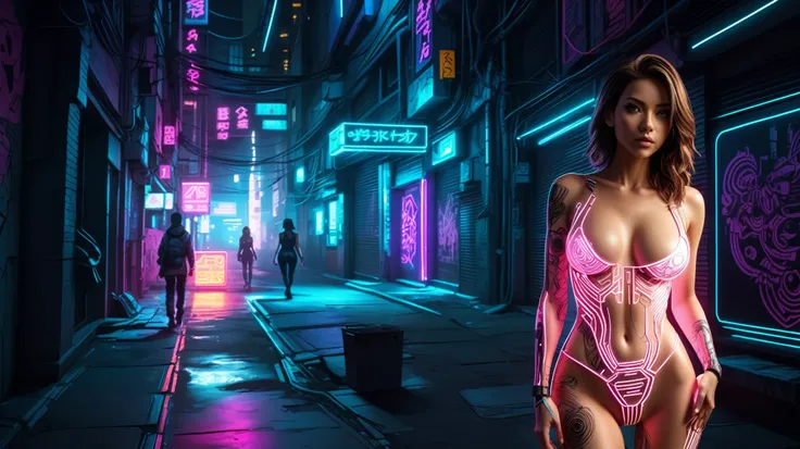 photorealistic medium-breast slim woman walking towards viewer, cyberpunk alley, glowing papercut background,  mad-cybrpprct1, n...