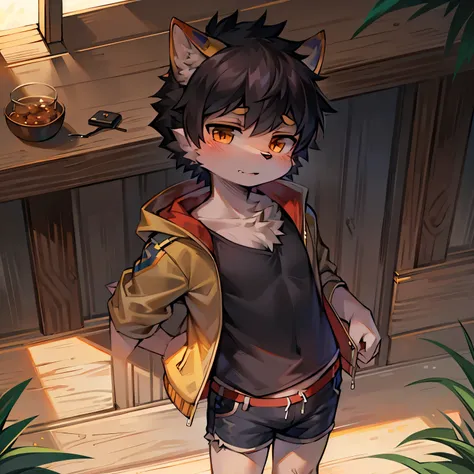 Wolf Boy，furry men，femboy，Sickly，Cute appearance，Short stature，Characteristics of three-year-old boy，Summer short sleeves with jacket，Shorts don&#39;t stand out