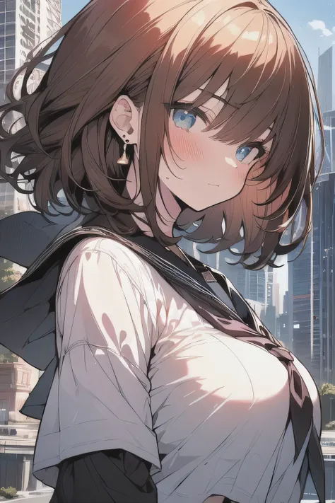 (best quality), (Super detailed), (Best Illustration), (masterpiece), (woman), high contrast, {(white serafuku:1.2)}, (large breasts:1.2), {brown hair, (sideburns), (bob cut:1.3), curly hair, hairs between eyes, colored inner hair}, {(detailed eyes), blue ...