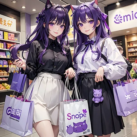 Parents and children shopping、2 people、background super、smile、Shopping Bag、Cat ears with purple ribbon、Purple Hair、Purple eyes、Purple clothes、calamus