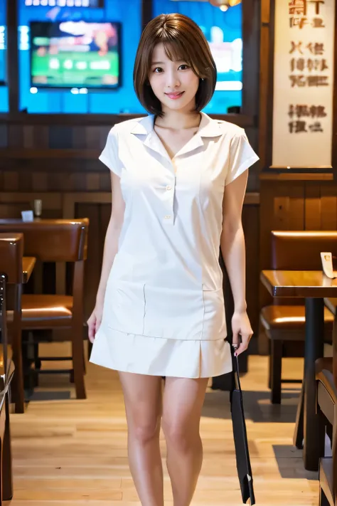 (working at a restaurant:1.5)、(Restaurant Uniforms:1.5)、(Full-body photo:1.5)、highest quality, Photorealistic, Very detailed, finely, High resolution, 8K Wallpaper, Professional, High level of detail, ((One 18 year old girl:1.2)), Slender Japanese women,Pr...