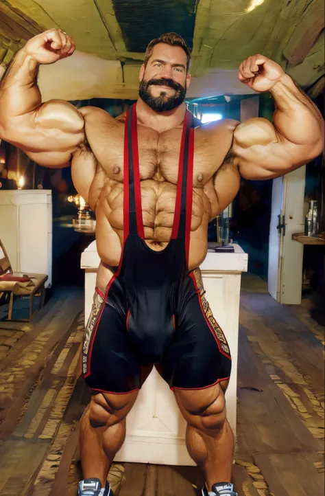 An award-winning original photo，A wild muscular man, (40 years old daddy:1.1), 1boy, Solo, wrestling singlet(spandex), shiny spandex, (big shoulders), musculature, stubbles, Short beard, Beautiful eyes:1.3, ), (Detailed face:1.3), smiles, Dynamic Angle, vo...