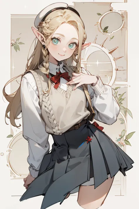 A sweater with a hole in the chest、Blonde girl wearing hat and silver accessories ,Straight Killer Sweater，elegant, Pointed ears ，Waist-length hair，Smile，Star decoration，White lace socks，thorns，Rose，Vest line