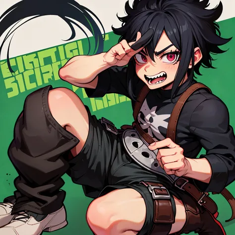 Chico, pelo negro, ojos verdes, camisa negra, braseras negras, shorts negros, botas rojas, pecas, gorro de shrek , pelo desordenado, stilo de My Hero Academia, estilo de Boku No Hero Academia