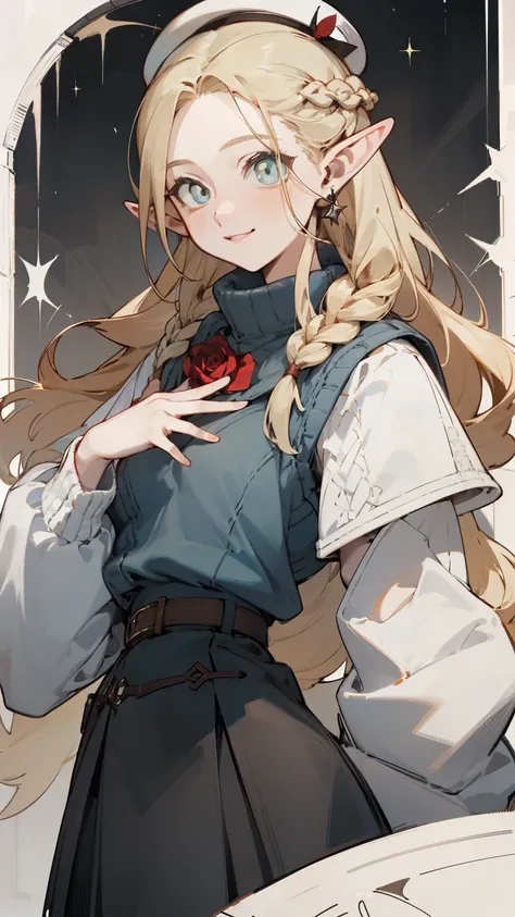 A sweater with a hole in the chest、Blonde girl wearing hat and silver accessories ,Straight Killer Sweater，elegant, Pointed ears ，Waist-length hair，Smile，Star decoration，White lace socks，thorns，Rose，Vest line