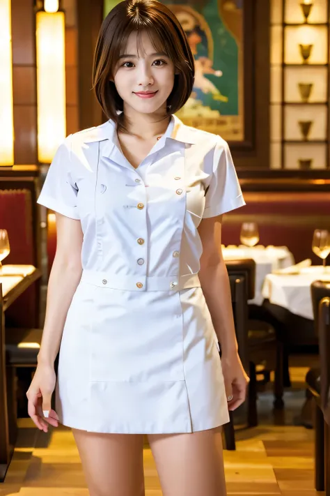 (Work in a fancy restaurant:1.5)、(Stylish waitress uniform:1.5)、(Full-body photo:1.5)、highest quality, Photorealistic, Very detailed, finely, High resolution, 8K Wallpaper, Professional, High level of detail, ((One 18 year old girl:1.2)), Slender Japanese ...