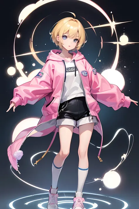 high resolution、high quality、juvenile、Blonde short hair、blue eyes、Thigh-length knee-high socks、Pink zip-up hoodie、Mini Hot Pants、sneakers、cute、whole body、Are standing、looks healthy