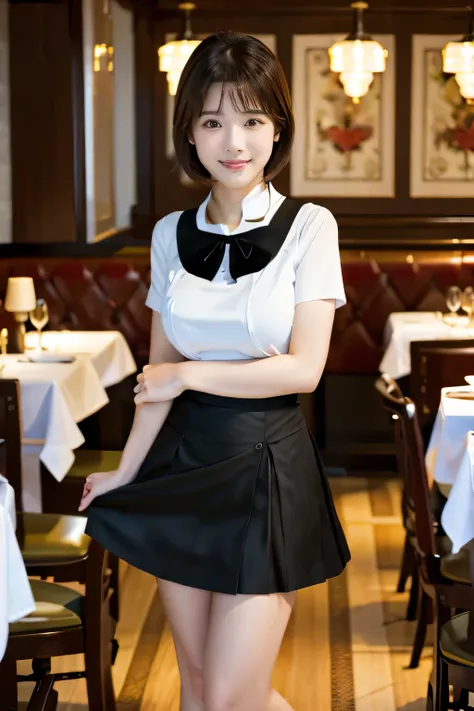 (Work in a fancy restaurant:1.5)、(Stylish black uniform:1.5)、(Full-body photo:1.5)、highest quality, Photorealistic, Very detailed, finely, High resolution, 8K Wallpaper, Professional, High level of detail, ((One 18 year old girl:1.2)), Slender Japanese wom...