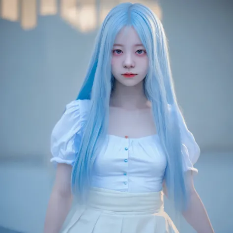 1 girl with long light blue hair, white skirt, close-up of face