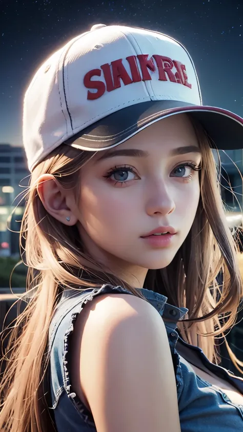 one girl, terry bogard girl, blonde, ponytail, blue eyes, baseball cap, eyes focus, beautiful park background (8k), (highest qua...