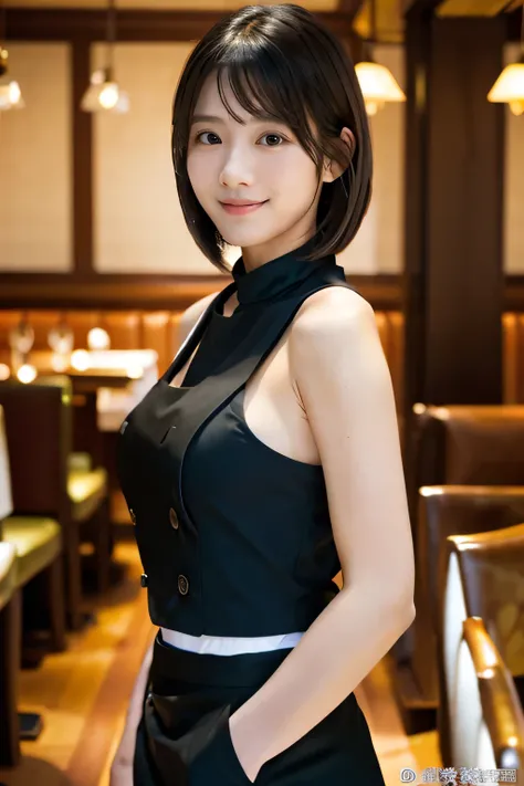 (Work in a fancy restaurant:1.5)、(All-black uniform:1.5)、(Full-body photo:1.5)、highest quality, Photorealistic, Very detailed, finely, High resolution, 8K Wallpaper, Professional, High level of detail, ((One 18 year old girl:1.2)), Slender Japanese women,P...