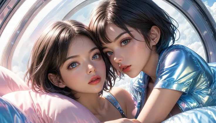 Masterpiece, Best Quality, ((2 cute latinas kissing in a light pink blue wide open shiny puffer, short sleeves, small perky breasts, extremely detailed face, beautiful detailed slightly open eyes, beautiful detailed lips, pixie side shaved hair, small hips...