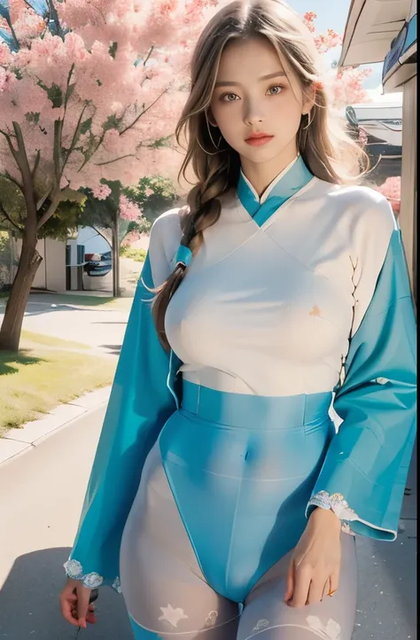 There is a blue sky, White clouds and mountains in the distance、tower and many people，Pink flowers，Cherry tree，Hanfu woman,Phoenix crown tiara、fine embroidery、Wear Hanfu pantyhose、Hanfu、Wear long-sleeved Hanfu、Transparent and clear、Look and、Exposing oversi...