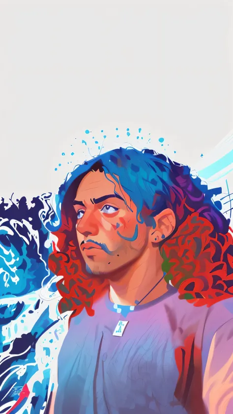 Um close up de uma pintura de um menino de 19 anos, Retrato de um menino de 19 anos, com cabelo cacheado, WPAP, Arte colorida do filme, , estilo de arte vetorial,, Arte vetorial, vibrant fan art, Rosto de , Arte vetorial multicolorida, in digital illustrat...