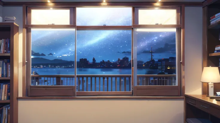 Night view、Starry Sky、Stylish rooms、Bookshelf、shinkai makoto、((highest quality)), ((masterpiece))