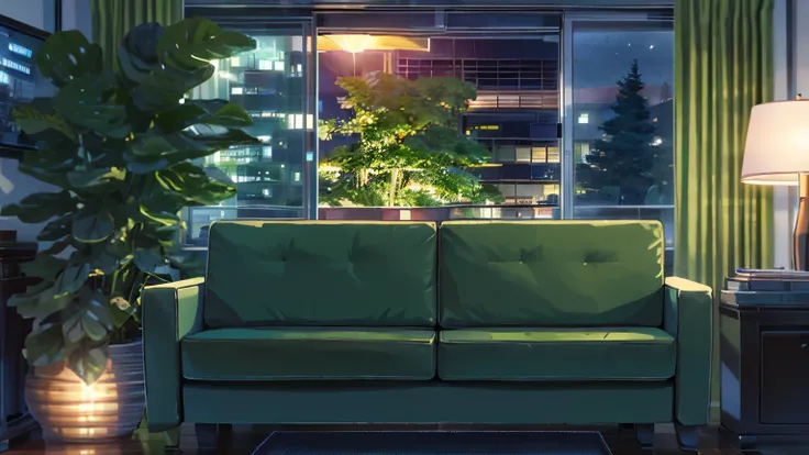 A stylish room with a view of the city nightscape and the starry sky、sofa、Foliage plant、shinkai makoto