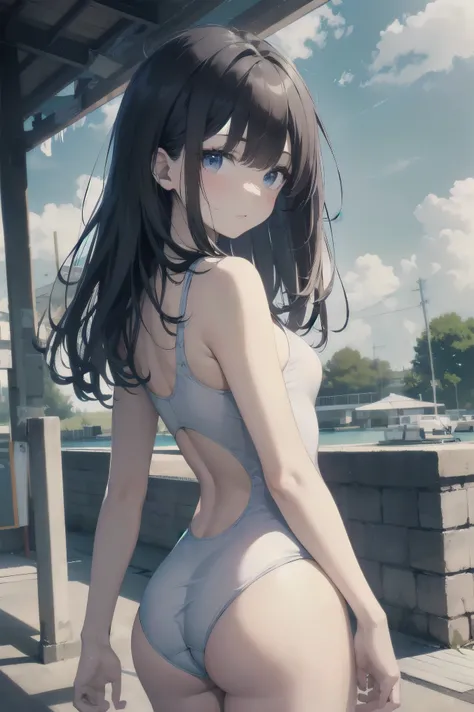 high quality、最high quality、Complete limbs、Ultra-high resolution、Shining Eyes、Full hands and fingers、Slender beauty、Wearing a white school swimsuit、White skin, View your viewers,, No correction, arms on the back, throw, bangs, Focus Only , break , grasp, La...