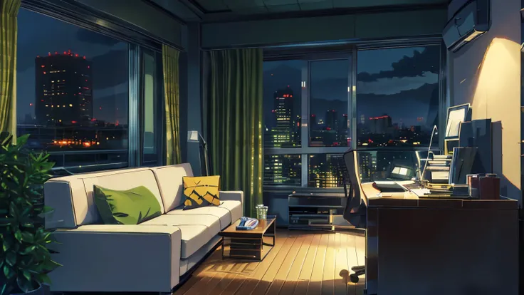 A window with a view of the Tokyo skyline at night、High-rise apartment building、Stylish room、Bookshelf, sofa and desk、Foliage plant、shinkai makoto