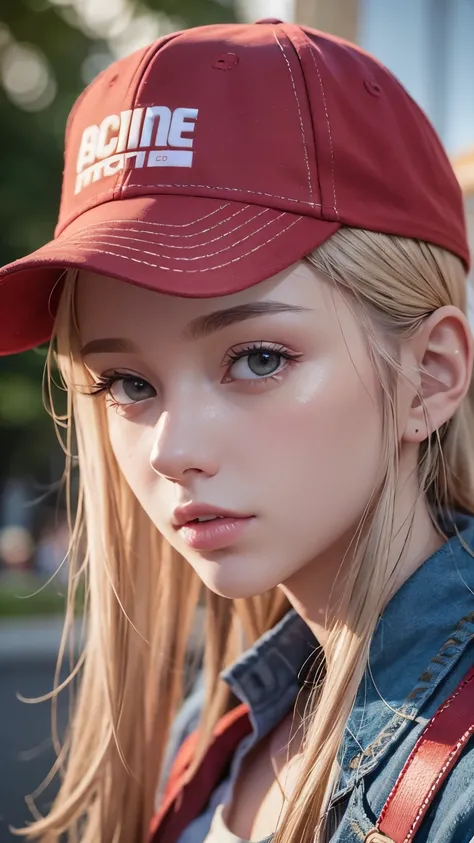 One girl, Terry Bogard Girl, Blonde, ponytail, blue eyes, Baseball cap, Eyes focus, Beautiful park background (8k), (highest quality), (masterpiece:1.2), (Realistic), (Very detailed), (Fine grain:1.2), (Detailed face:1.2), (realism:1.2), (super high qualit...