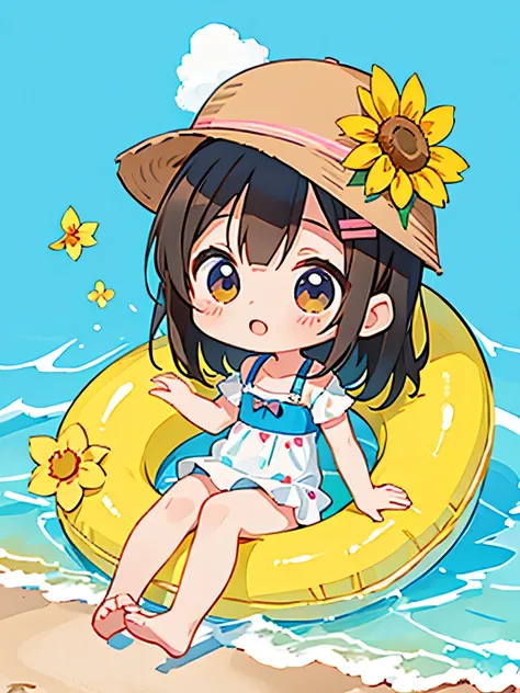 Ai Yazawa style, Kawaii Design, The most beautiful girl of all time、Chibi, play together、Cute Aliens, Beach, Swimwear, sunflower